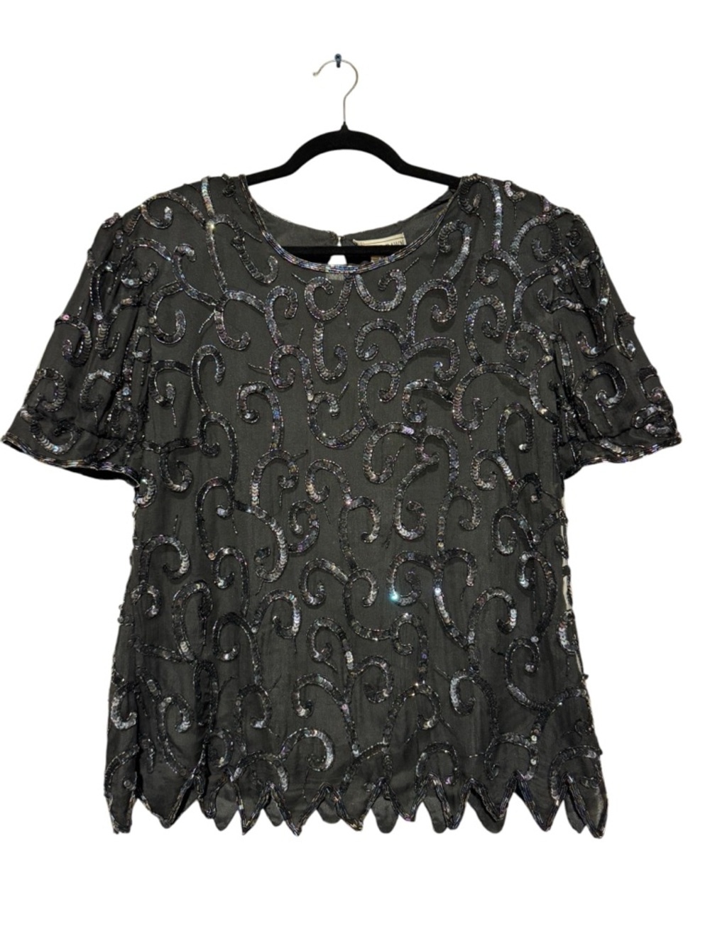 Dusk toโ Dawn Vintage 80s 100% Silk Sequin Beaded Top Women Size 18 Black Formal